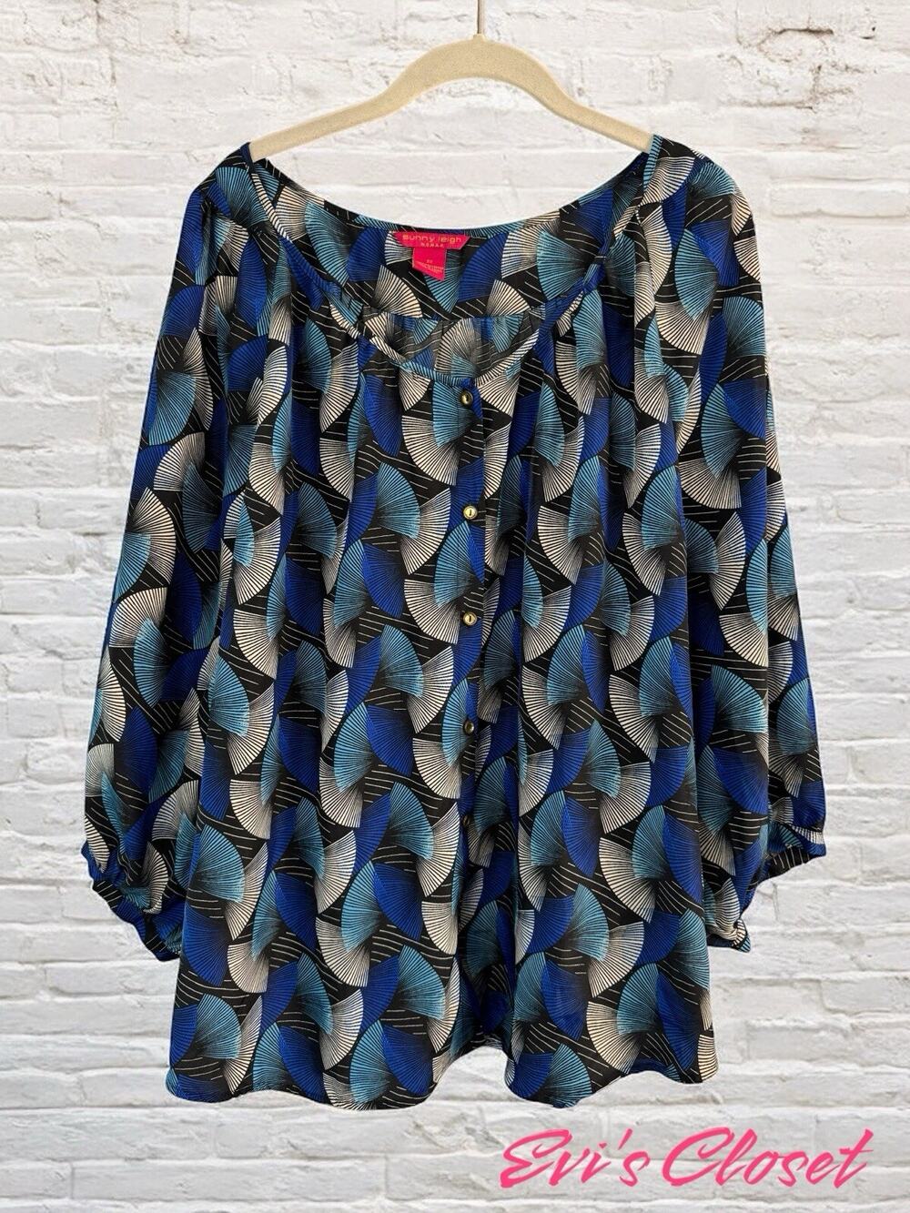 SUNNY LEIGH Women Blouse Blue Black Shell & Fans Button Up 3/4 Sleeve 2X